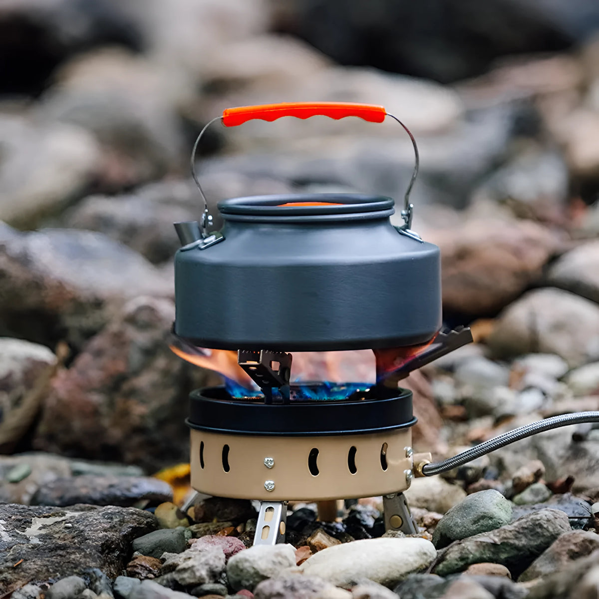 Portable windproof camping gas stove in dark khaki with cloth bag, 11000 power butane fuel, 1 kg weight