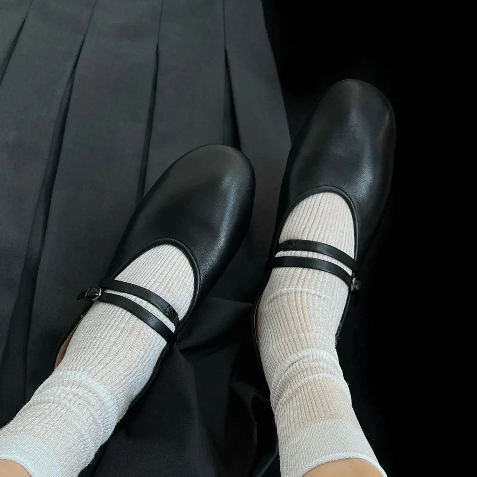 Soft retro Mary Jane shoes round toe sheepskin leather buckle flat shoes black women