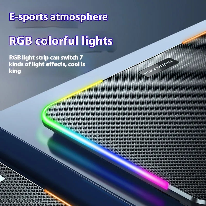 Laptop radiator air cooling base with fan, RGB phone bracket, 360x255x27mm, black colourful version