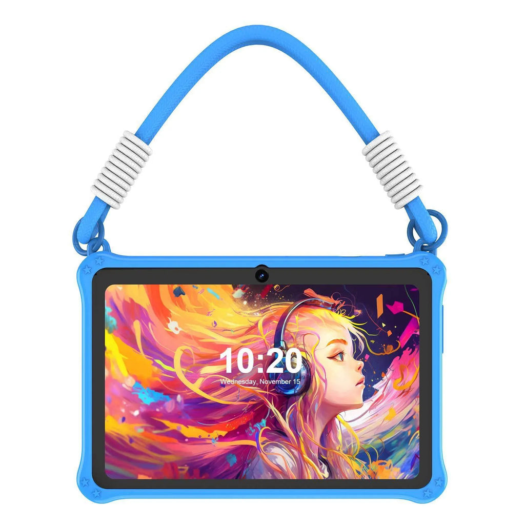 Sapphire blue silicone protective case with strap for a 7-inch children's tablet.