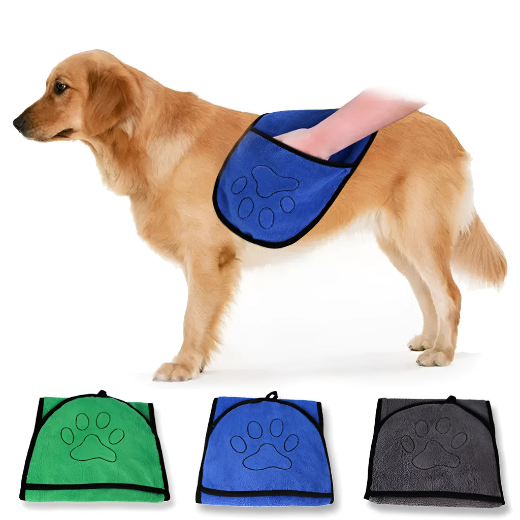 Dog bathrobe towel in blue made from absorbent fibre material for drying pets