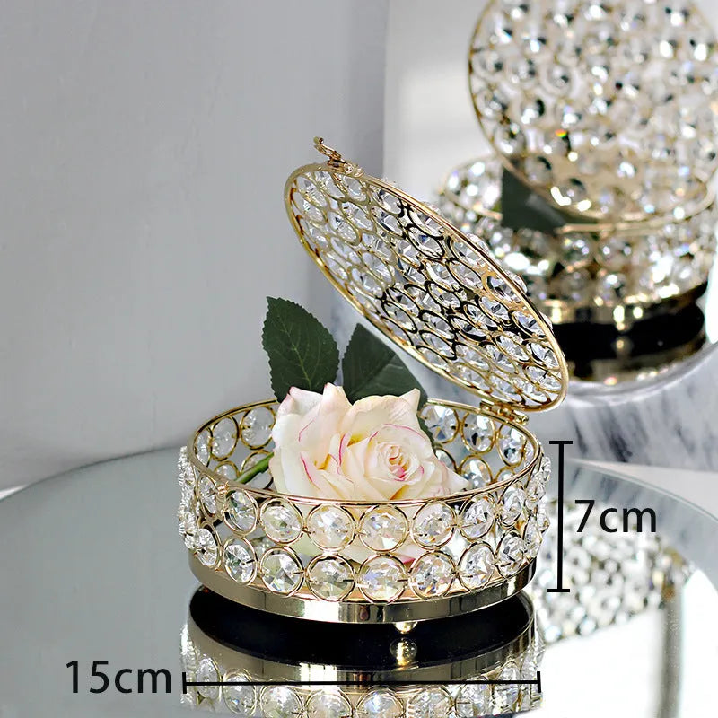 French gold European style jewelry box with crystal glass transparent lid showing contents