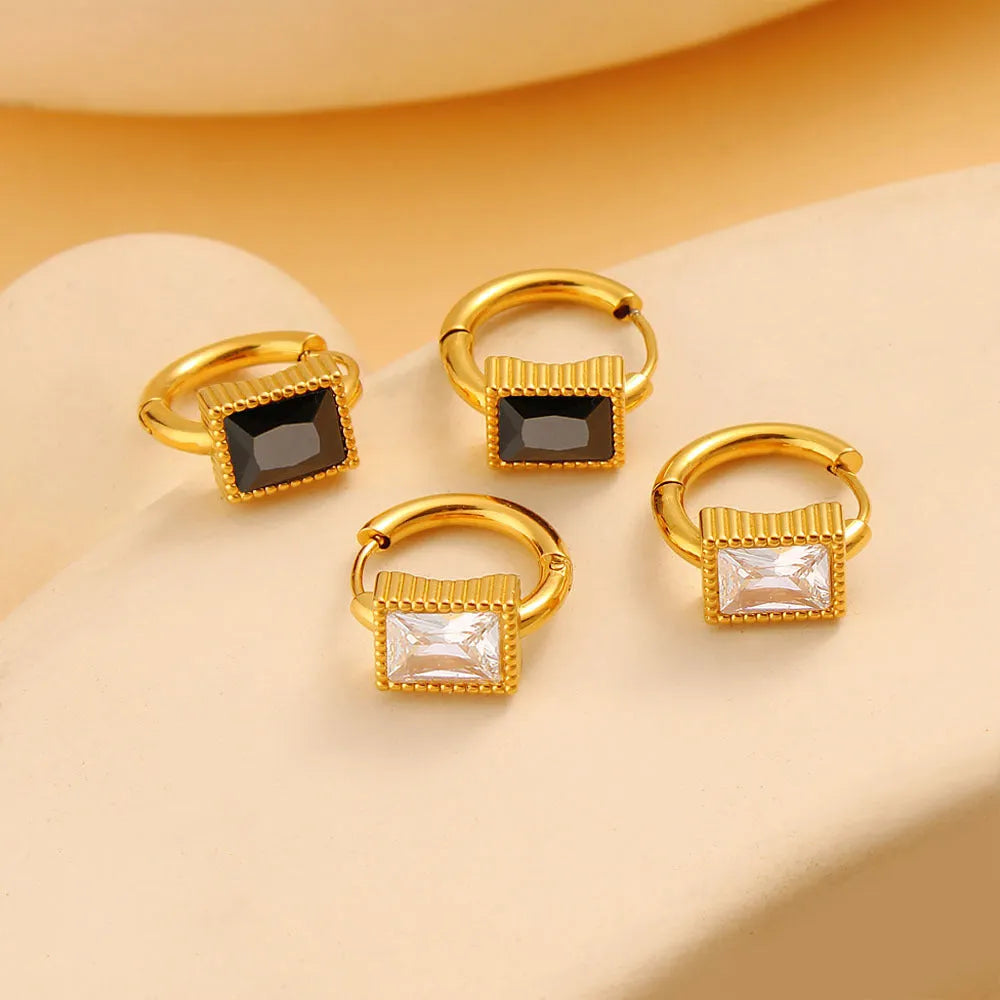 Square geometric stainless steel earrings with zircon cubic zirconia stones in white, black and green colours