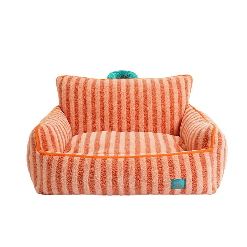 Striped soft velvet pet bed for dogs in yellow, orange or purple colours with removable cover
