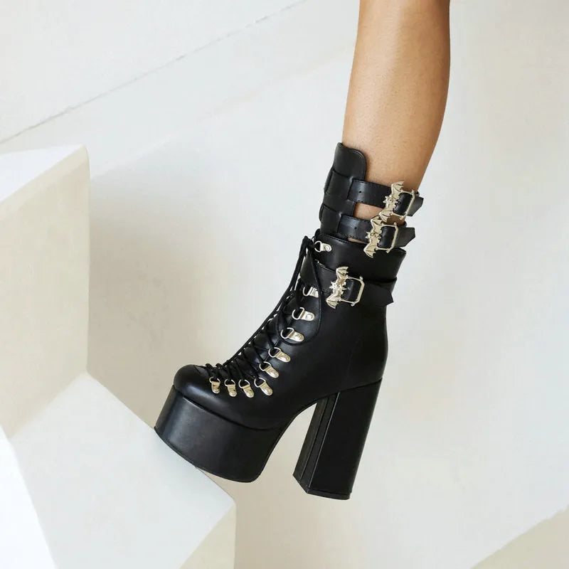 Black platform thigh-high boots with block heel and front lacing, square toe, sizes 35-46.
