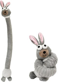 Brown, grey, and yellow plush dog toys with squeaker and crinkle features for teething and play