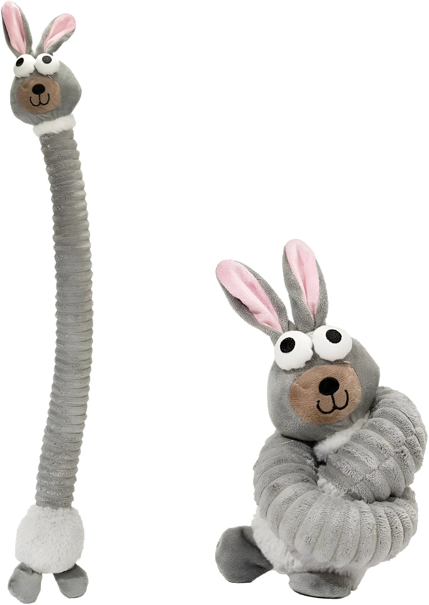 Brown, grey, and yellow plush dog toys with squeaker and crinkle features for teething and play