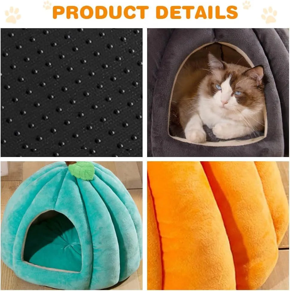 Pumpkin-shaped plush cat cave bed with a round opening, shown in grey colour.