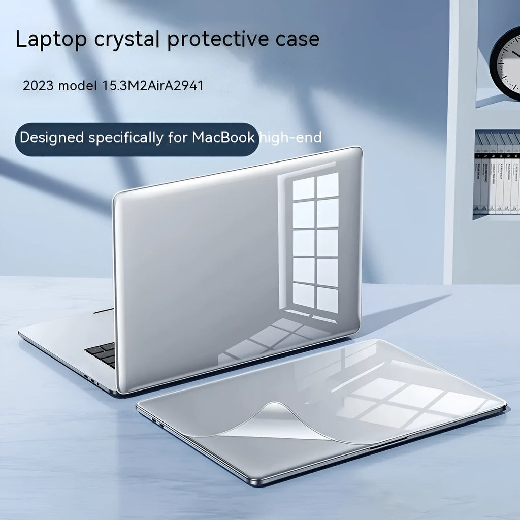 MacBook protective case in transparent and frosted finishes showing full laptop coverage