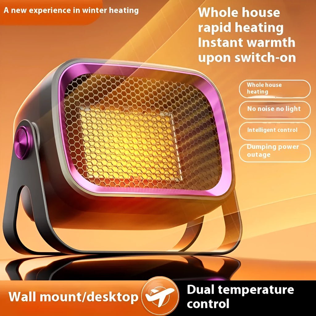 Grey compact desktop ceramic electric heater with rotatable body on a wooden desk.