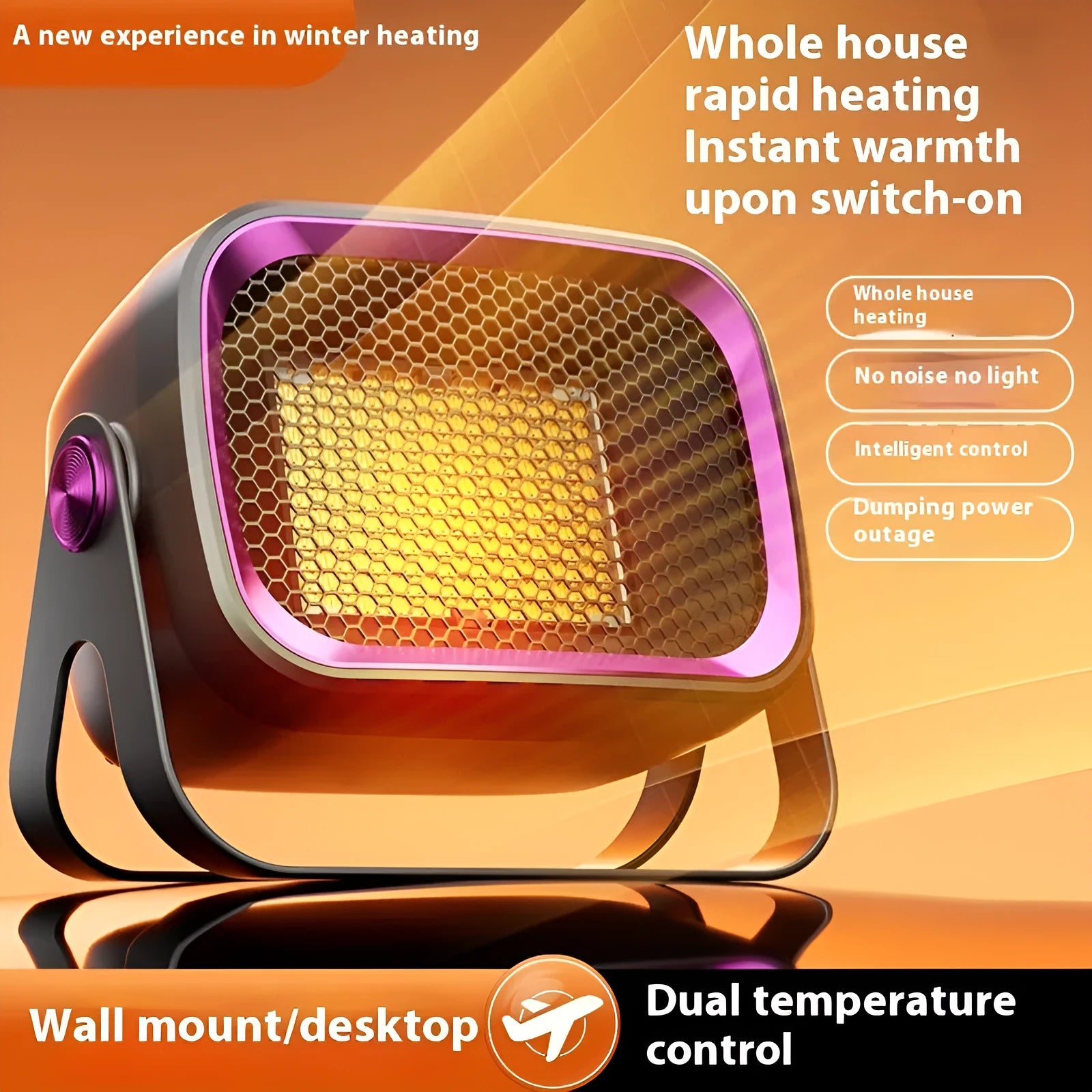 Grey compact desktop ceramic electric heater with rotatable body on a wooden desk.
