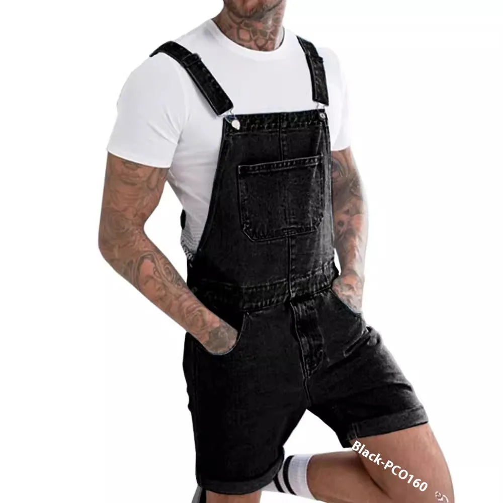 Youth denim suspender pants with elastic waist and shorts length in three colour options