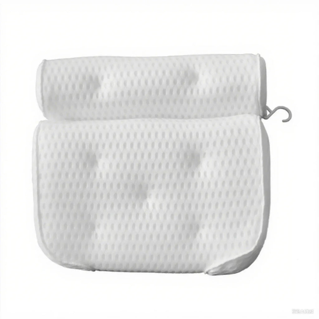 White bathtub pillow with 4D mesh design and 7 suction cups on 3D breathable material.