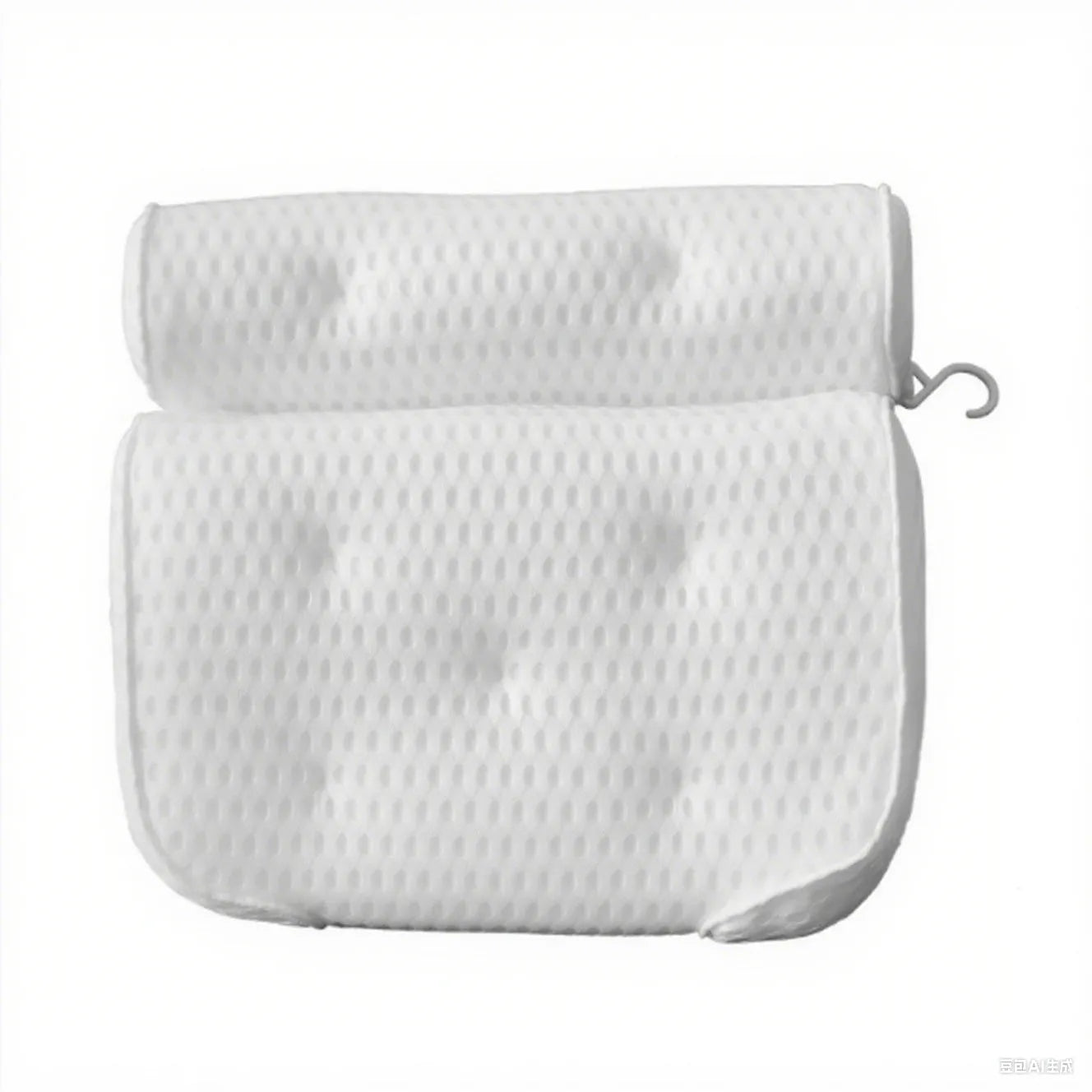 White bathtub pillow with 4D mesh design and 7 suction cups on 3D breathable material.