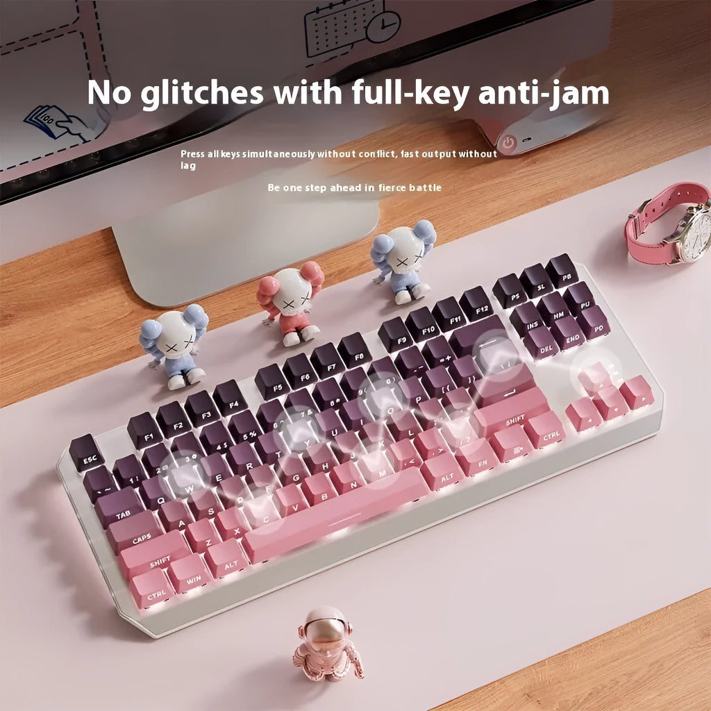 Silver white 87-key wired mechanical keyboard with side engraving and white backlight on a desk