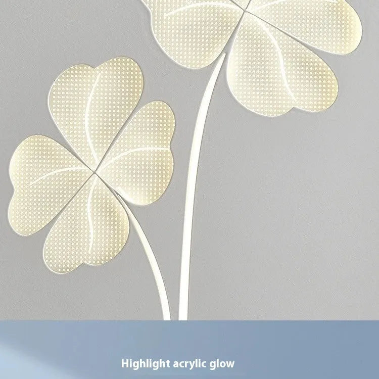 Modern bedside wall lamp with acrylic shade in six designs: white or pink square four-leaf clover, round ginkgo leaf, and round love heart.