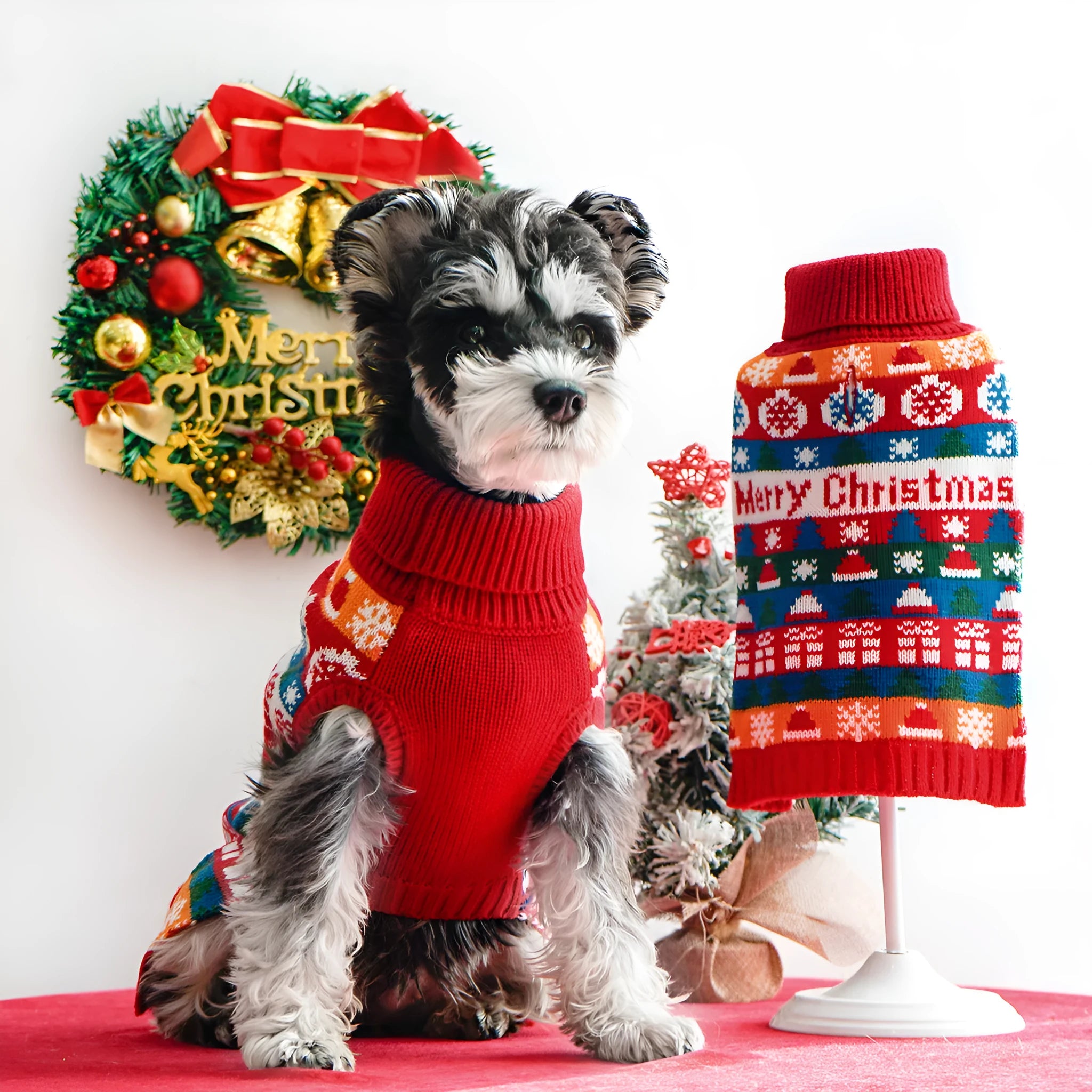 Pet dog wearing a red and green Christmas turtleneck wool sweater, side view