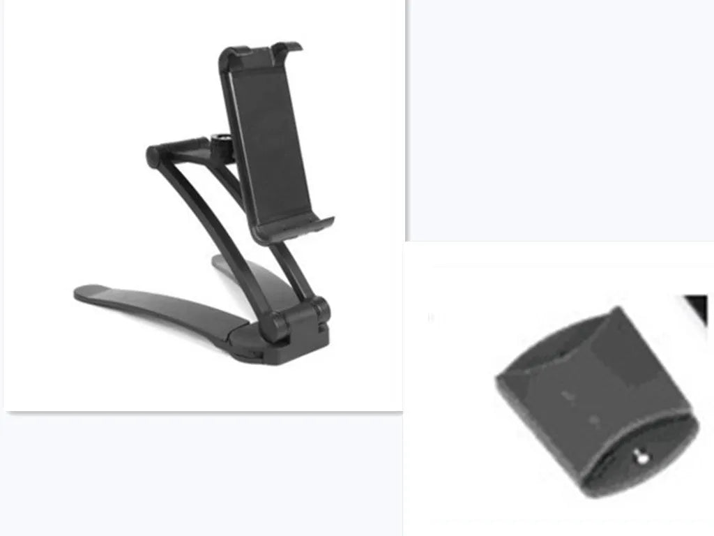 Silver aluminum alloy desktop tablet stand with white mount holding a tablet at an angle