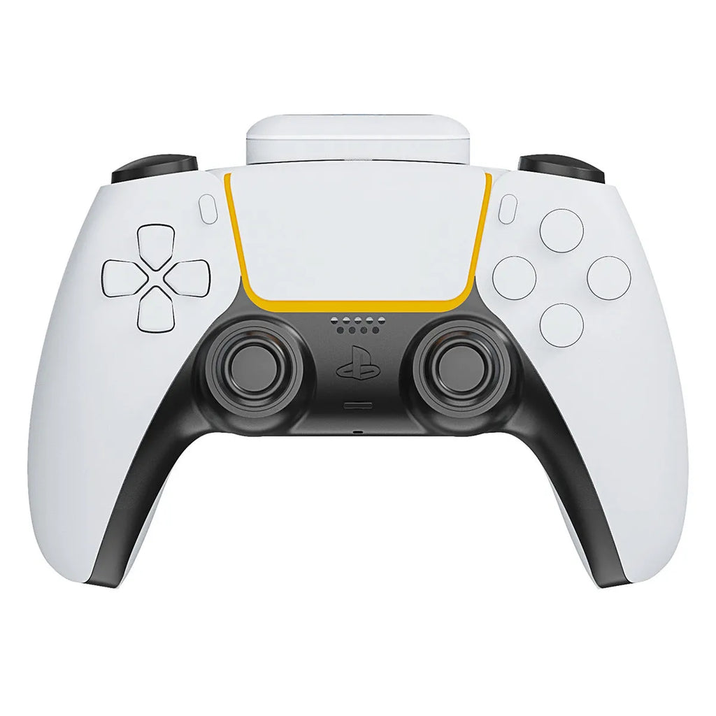 PS5 controller with white 1500mAh battery pack attached to back, LED display visible