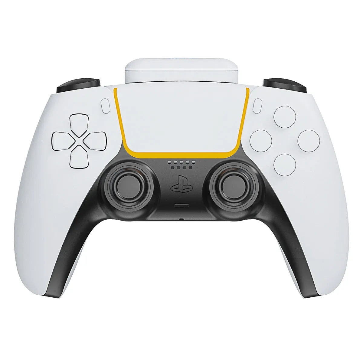 PS5 controller with white 1500mAh battery pack attached to back, LED display visible