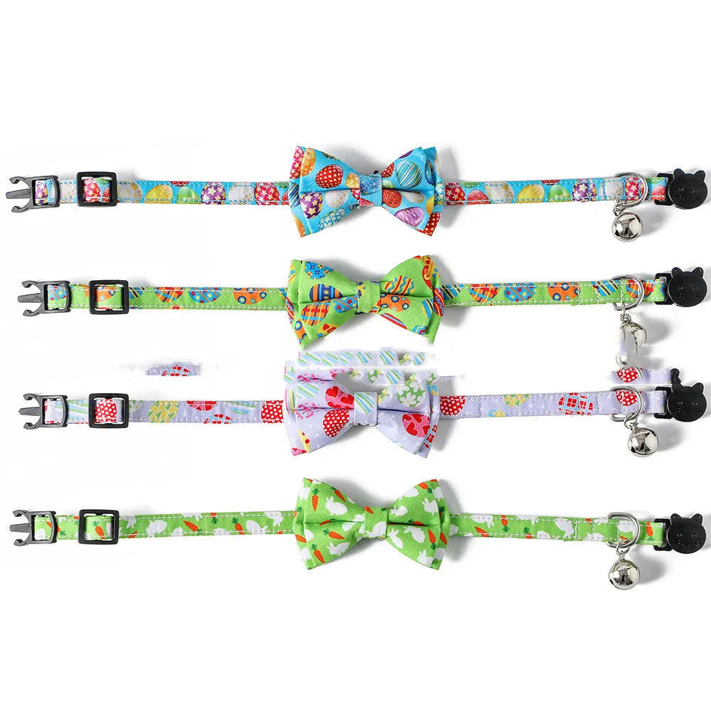 Easter cat collar with removable bow and bell, made of polyester, S size, blue colour