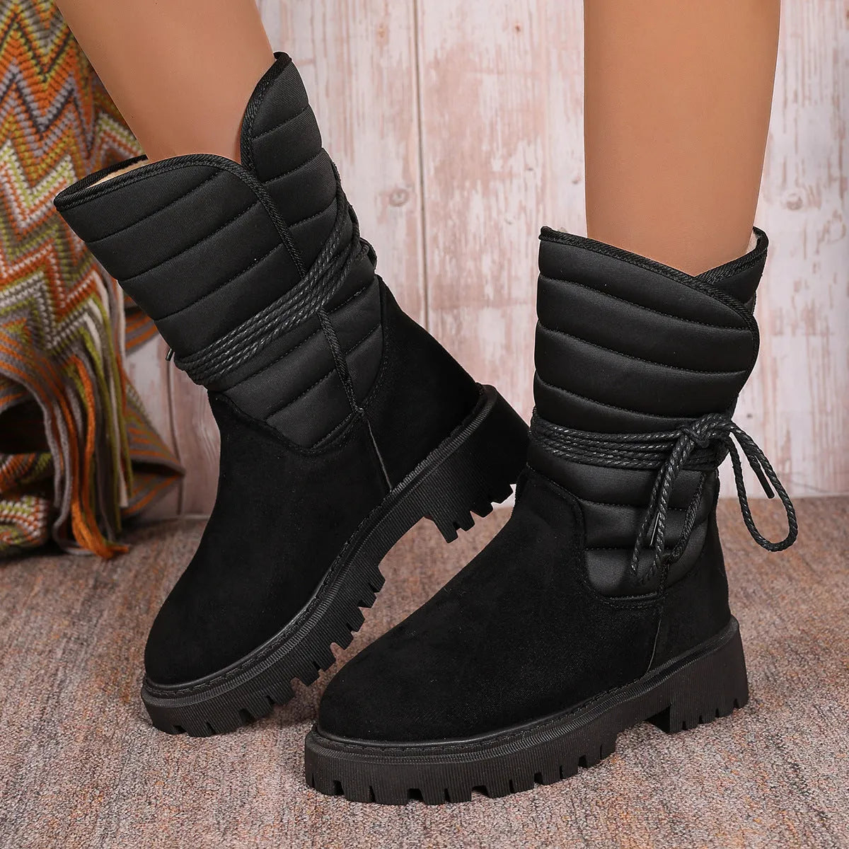 Women's black chunky heel snow boots with lace-up front and fleece lining.