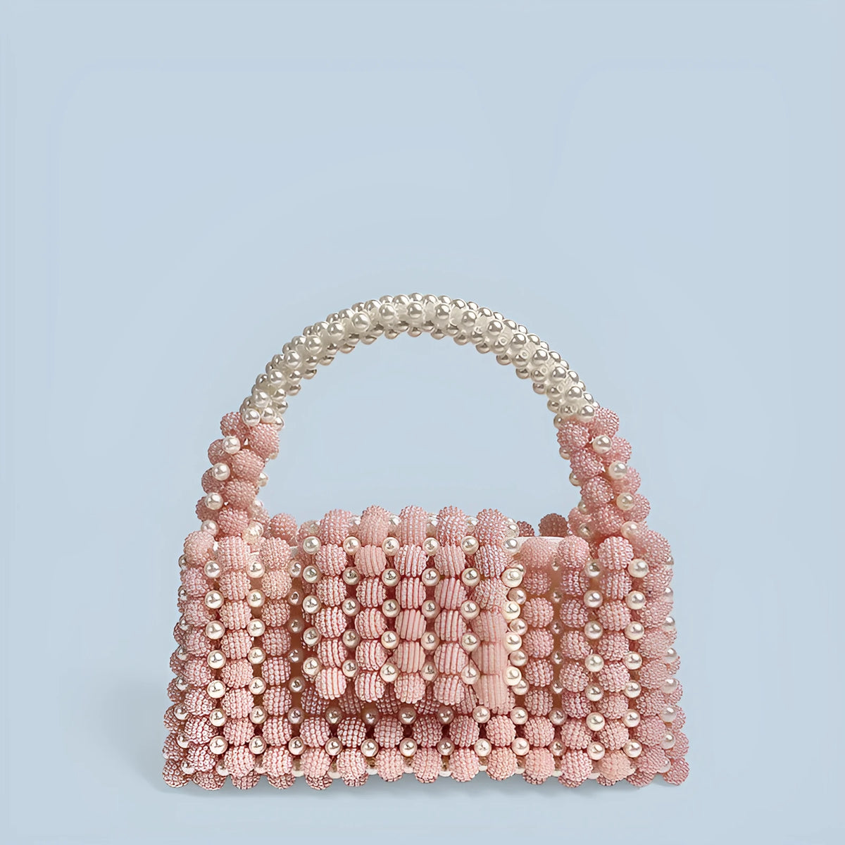 Pink handmade beaded handbag with waxberry pearl ball acrylic beads, weaved pattern, horizontal square shape