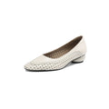Women's beige sheepskin sandals with hollow-out design, round toe, and mid heel.