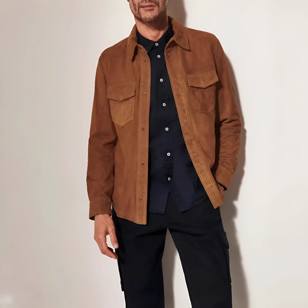 Noah Suede Shirt Jacket men's coat in brown, red, or green, polyester fibre, regular length, sizes S to XXXL.