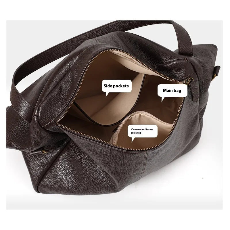 Brown genuine leather women's shoulder bag with a structured horizontal square shape.
