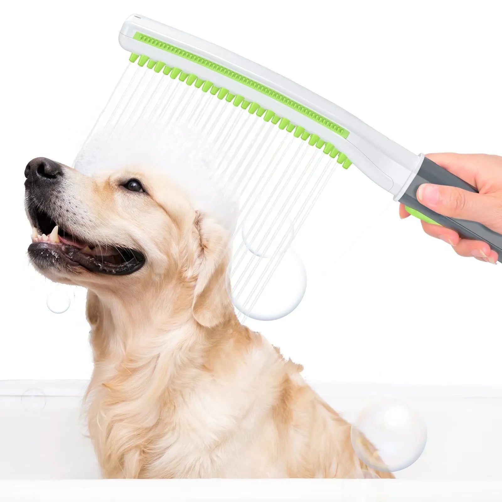 Pet bathing brush showerhead in green and white, made of ABS material, for washing dogs