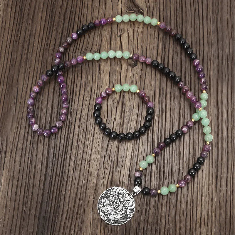 Yoga lotus pendant necklace and bracelet set with handmade stone beads on alloy chain