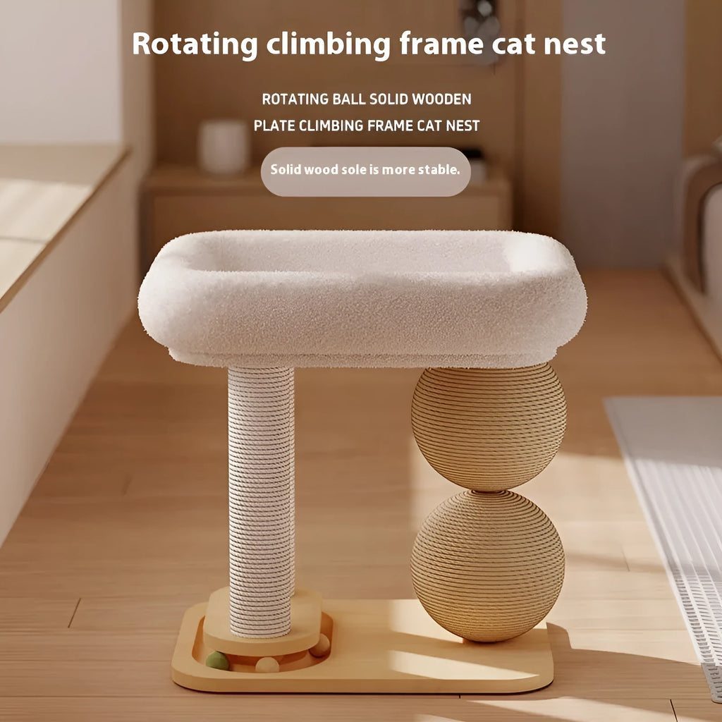 Pine wood cat bed with two sisal-wrapped scratching posts and dual ball toppers