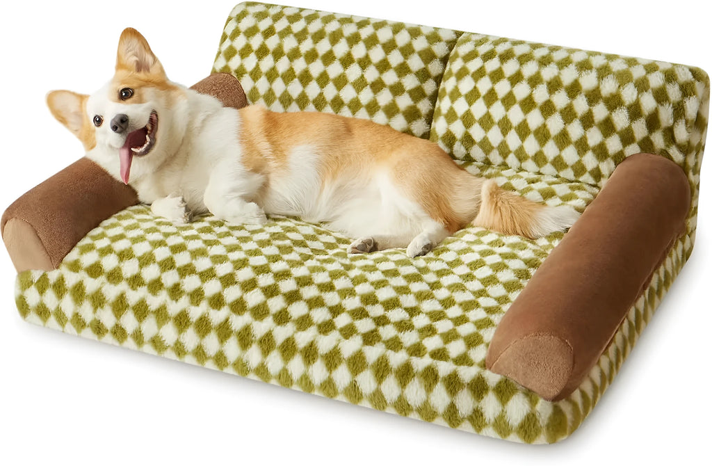 Pet couch bed for small dogs and cats with checkered pattern and non-slip bottom, white and grey, in a living room