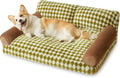 Pet couch bed for small dogs and cats with checkered pattern and non-slip bottom, white and grey, in a living room