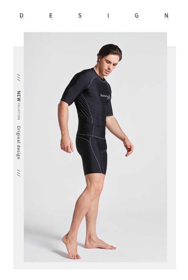 Men's blue half-sleeve quick-dry nylon swimsuit top and pants set for swimming and surfing.