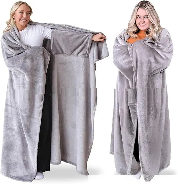 Ladies soft wearable blanket with hood and sleeves in light pink, 200x130cm, for home daily use
