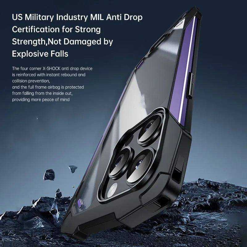 Two-in-one metal and silicone phone case with airbag drop protection for iPhone, available in black, blue, purple, red, and silver grey