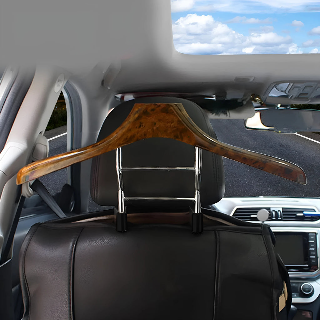 Wood yellow stainless steel car clothes hanger with chair back mounting for suits and uniforms