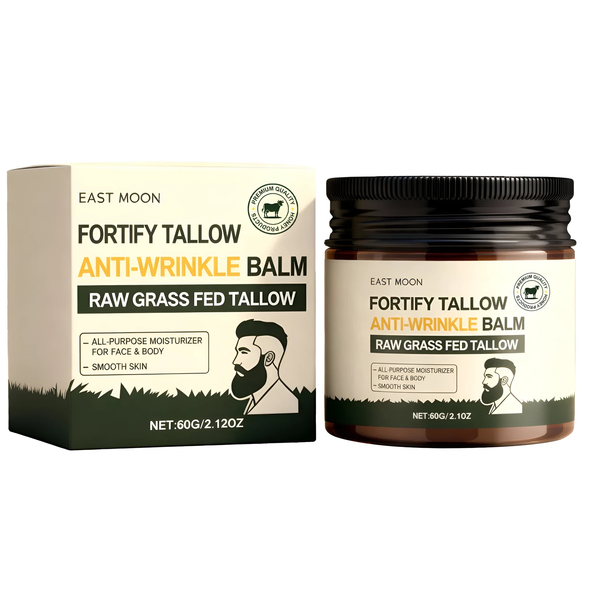 Men's tallow nourishing cream in a 60g container, white label, on a clean surface.