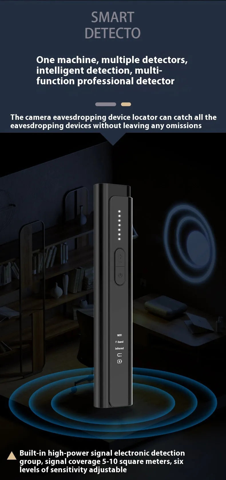 Signal Search anti-spy camera detector in black or silver colours showing 160mm compact design