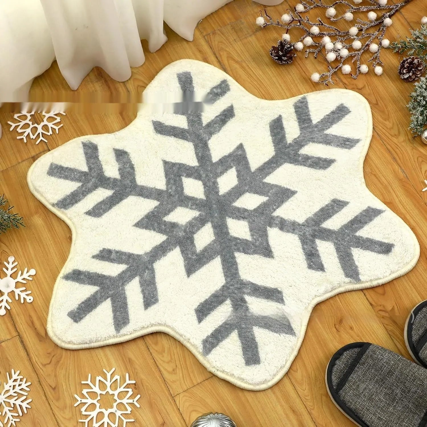 Christmas round carpet with festive printed design on soft polyester fibre, square size option shown.