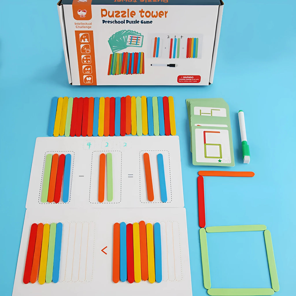 Children's wooden counting sticks math toy in colour box with colourful arithmetic rods