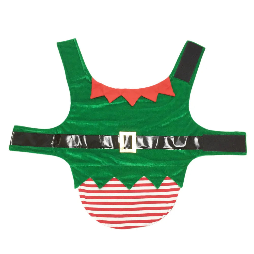 Green elf cotton dog Christmas costume with saddle design on a small dog