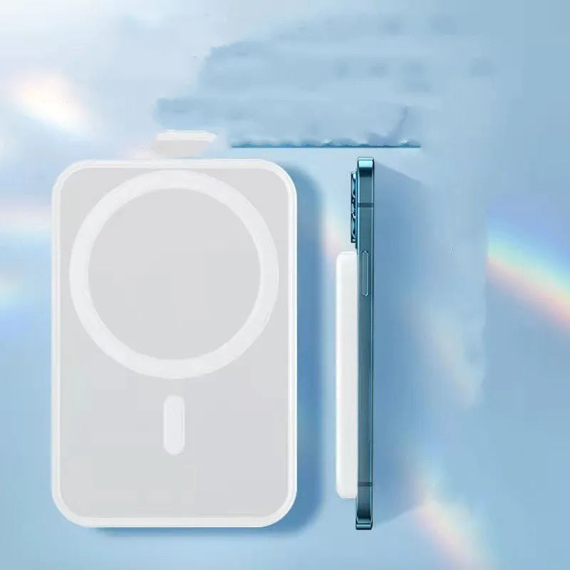 White magnetic wireless charger power bank with 5000mAh capacity measuring 100x65mm