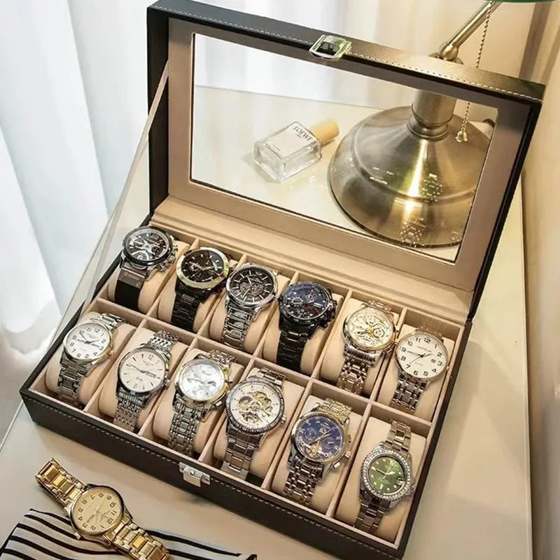 Grey high-grade leather watch storage box with clear acrylic dustproof lid, showing multiple watch capacity options.