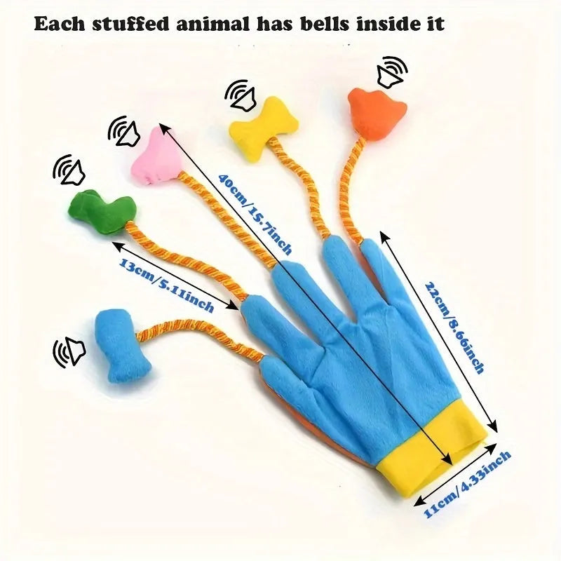 Yellow-blue plush cat toy with bell and trailer measuring 40cm by 11cm