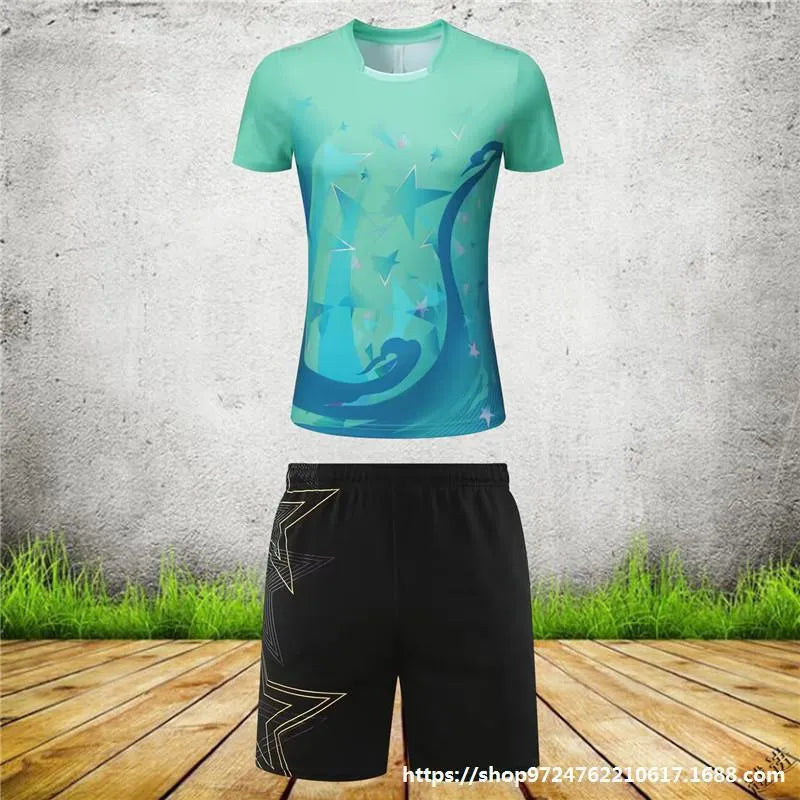 Badminton sportswear set with polyester short-sleeved top and matching trousers in multiple colour options