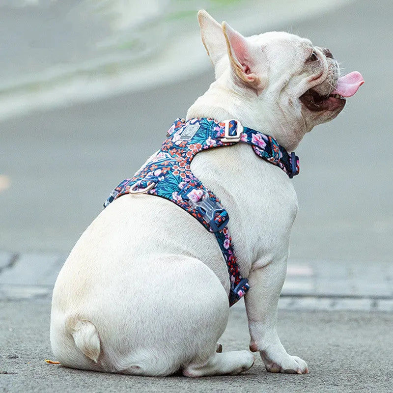 Floral pattern pure cotton dog chest harness with pull-resistant strap on size adjustment