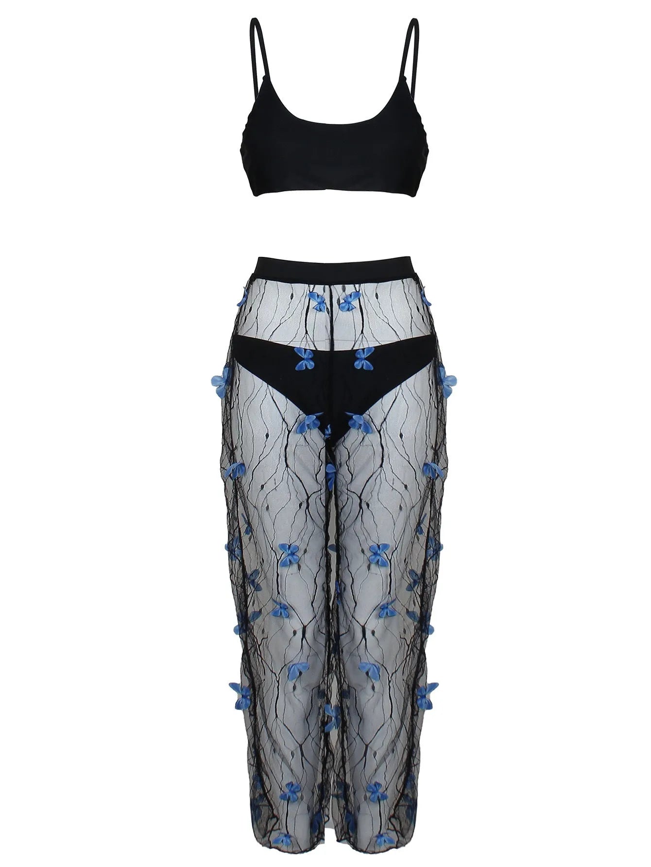 Women's black butterfly patterned bikini three-piece swimsuit set with transparent voile fabric